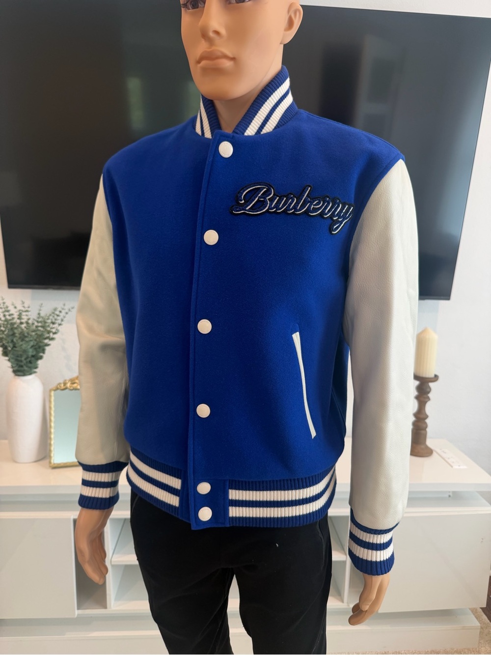 Burberry Men’s Felton Check Varsity Jacket Oceanic Blue Size Small